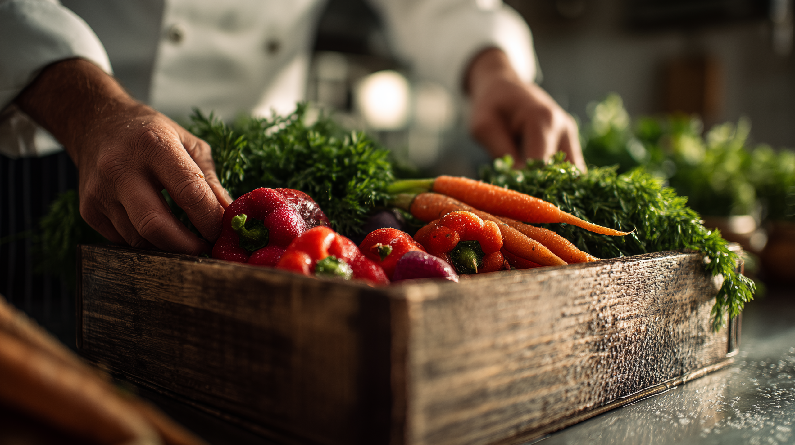 Bucătar SoupArt selectând ingrediente proaspete pentru mâncare gătită zilnic fără conservanți