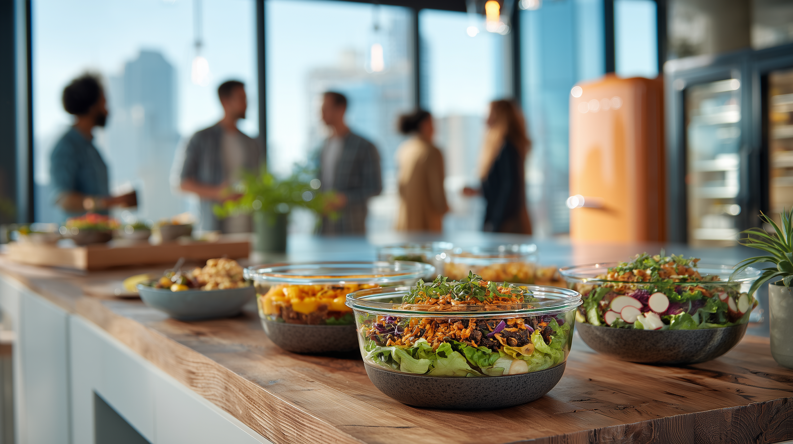 Hub alimentar modern în birou cu porții individuale SoupArt și angajați interacționând