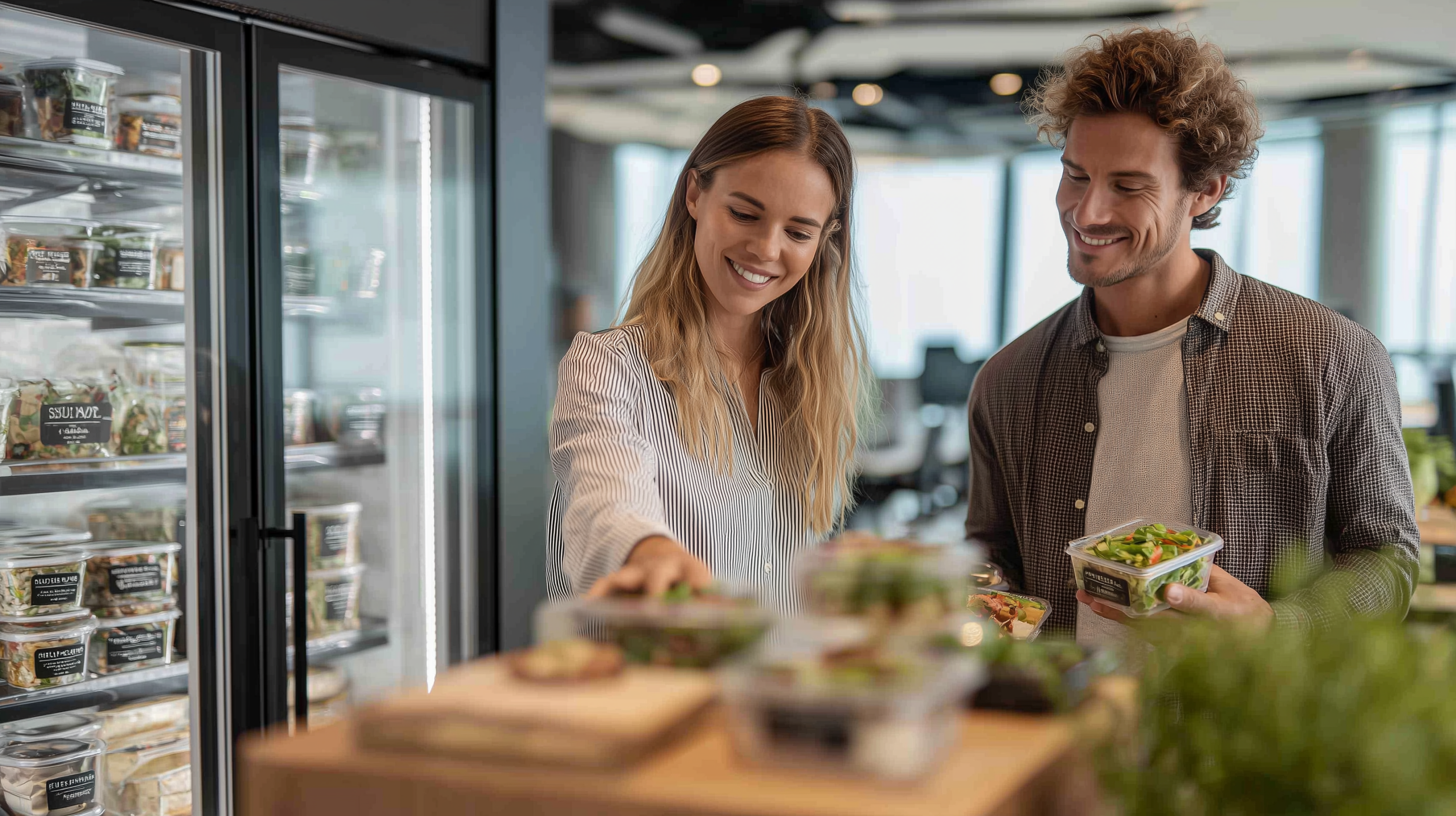 Angajați în bucătăria biroului alegând porții de mâncare SoupArt ambalate individual