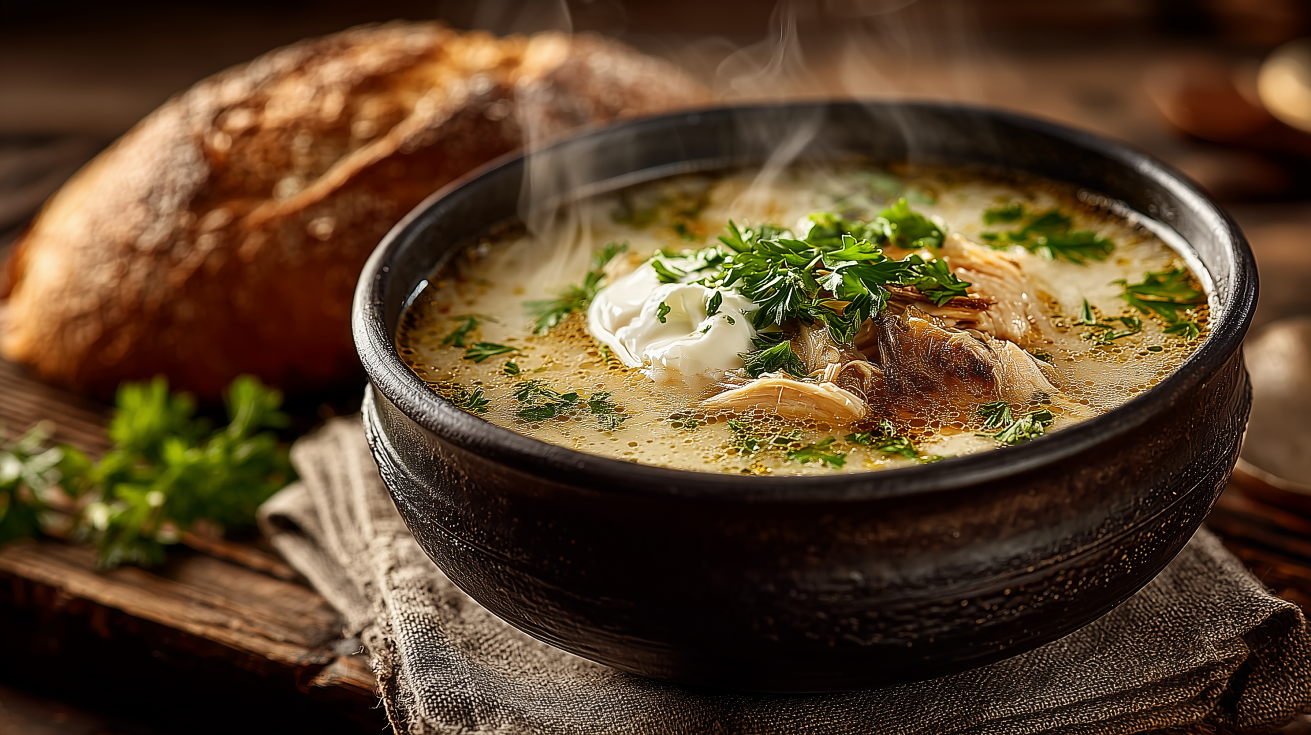 Ciorbă Rădăuțeană autentică, servită profesional într-un bol elegant de restaurant