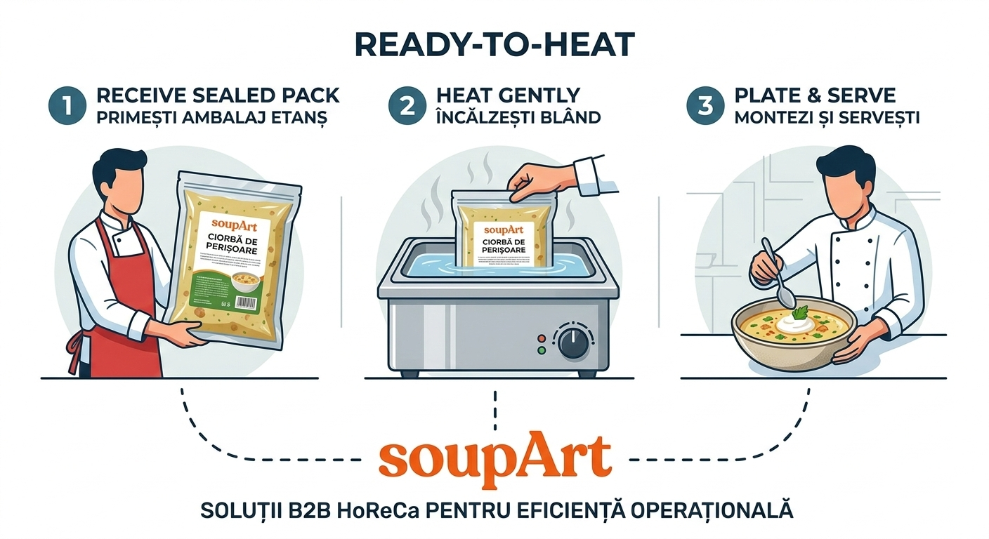 Infografic SoupArt arătând procesul în 3 pași: Primire ambalaj, Încălzire blândă, Montare și Servire